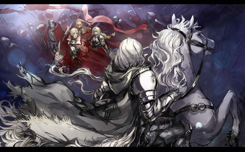 5boys, 6+girls, armor, bertrand_(pixiv_fantasia_last_saga), blonde_hair, cape, crowd, elf, erika_lacy, eye_contact, flag, gauntlets, grey_cape, grey_knight_julia, highres, horse, horseback_riding, laurel_knight_sylvester, looking_at_another, marigold_(pixiv_fantasia_last_saga), multiple_boys, multiple_girls, pixiv_fantasia, pixiv_fantasia_last_saga, pointy_ears, polearm, ponytail, rabbit, red_cape, reins, riding, ryuuzaki_ichi, standing, weapon, white_hair