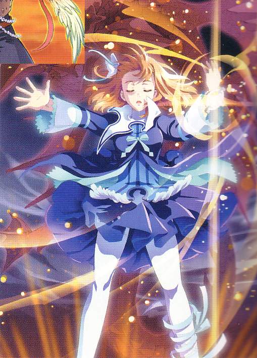 brown_hair, closed_eyes, dress, magic, official_art, ooba_wakako, open_mouth, pantyhose