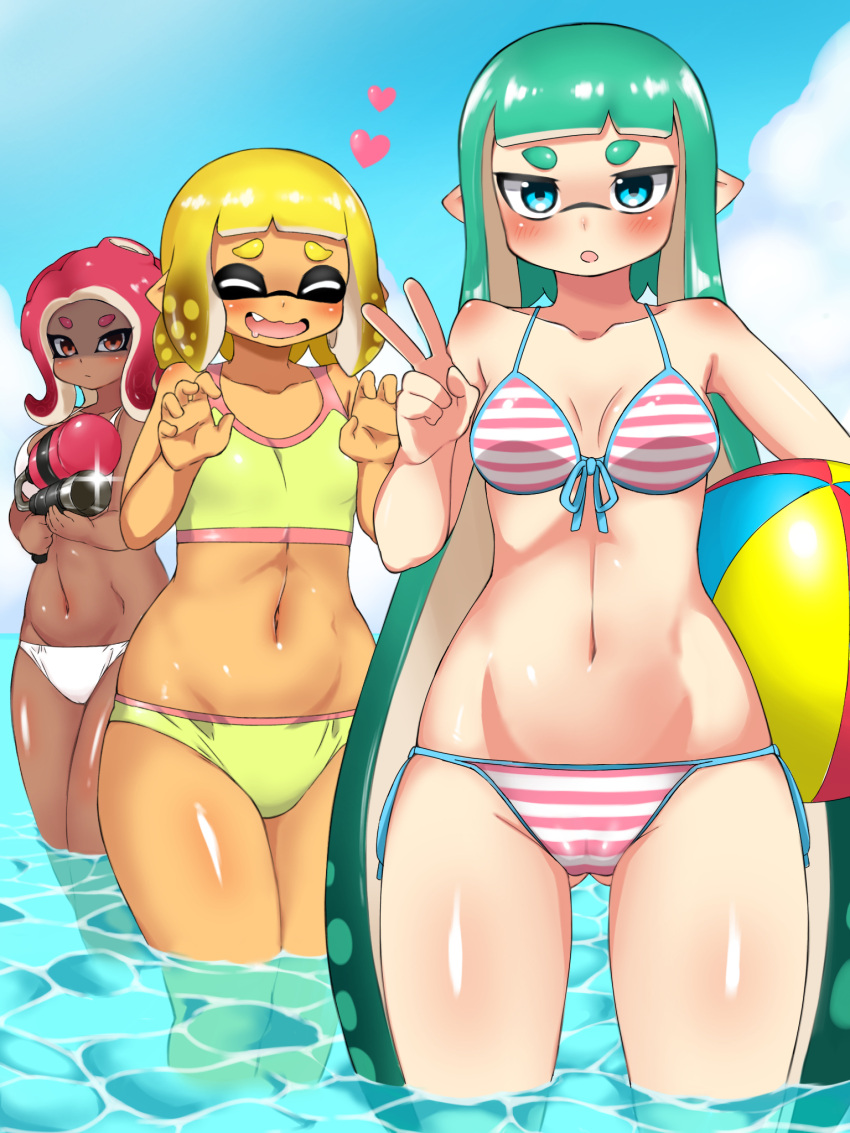 3girls, :o, ass_visible_through_thighs, ball, bangs, beachball, bikini, blonde_hair