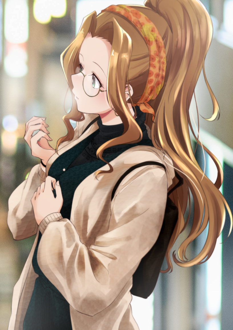 1girl, black-framed_eyewear, black_bag, black_dress, blurry, blurry_background, brown_hair, cardigan