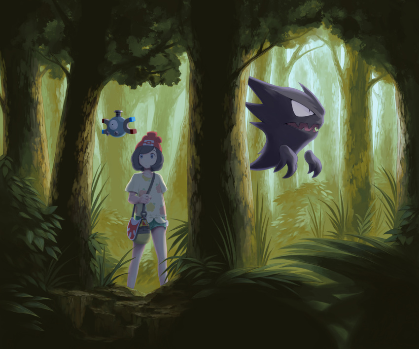 1girl, bag, bangs, black_hair, blue_eyes, closed_mouth, day, forest