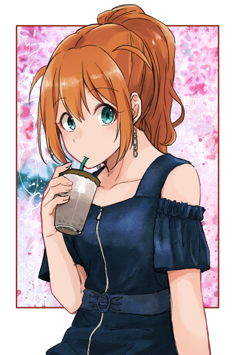 1girl, baba_konomi, blue_dress, blue_eyes, brown_hair, collarbone, dress, drinking