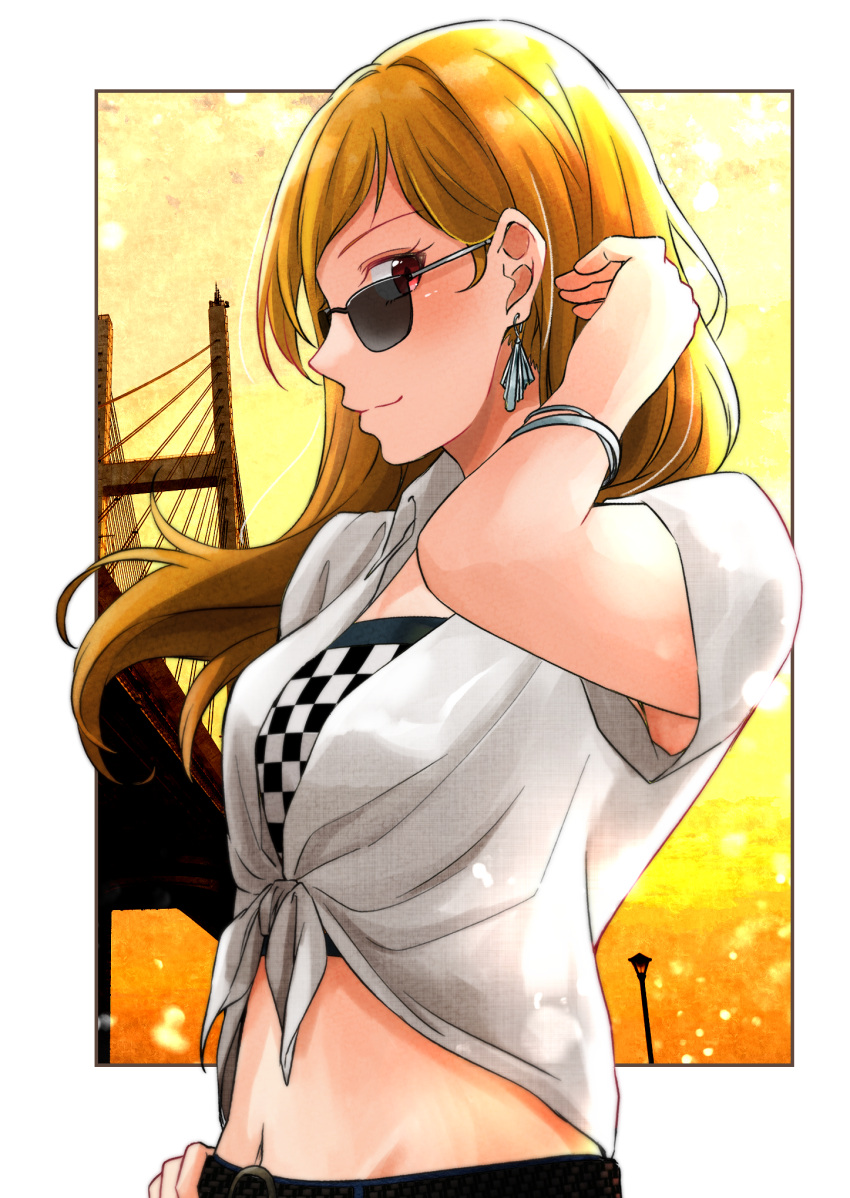 1girl, adjusting_hair, belt, belt_buckle, black_belt, blonde_hair, buckle, closed_mouth