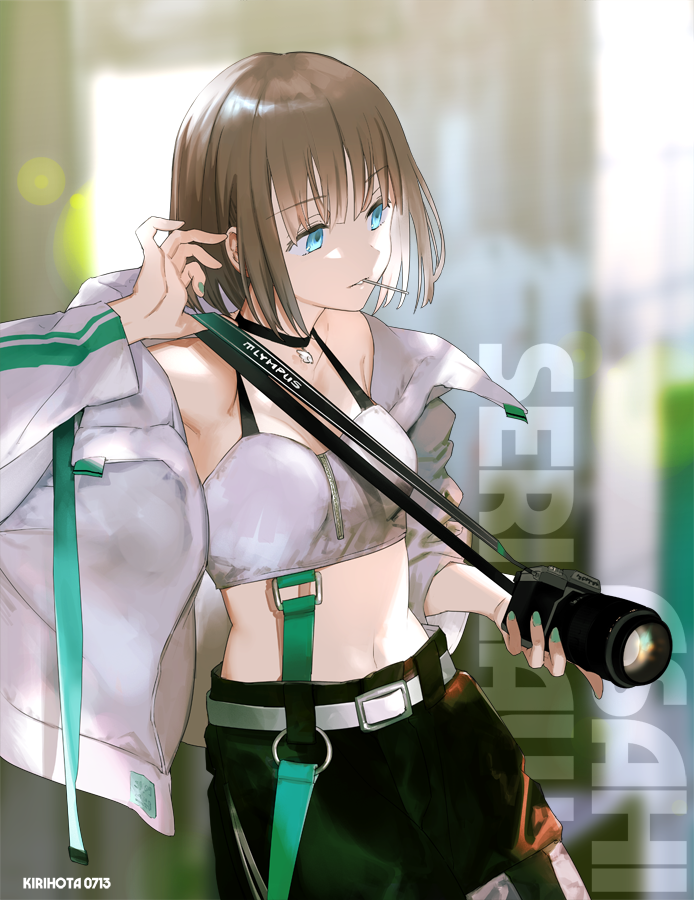 1girl, artist_name, belt, black_pants, blue_eyes, breasts, brown_hair, camera