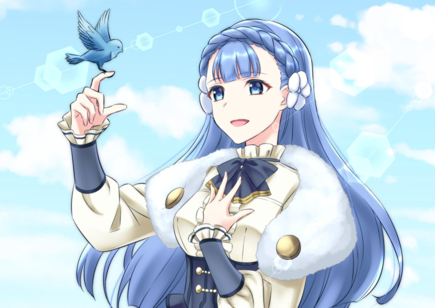 1girl, bird, blue_eyes, blue_hair, blue_sky, braid, clouds, crown_braid