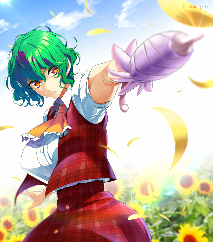 1girl, alternate_eye_color, ascot, bangs, blue_sky, blurry, breasts, closed_mouth