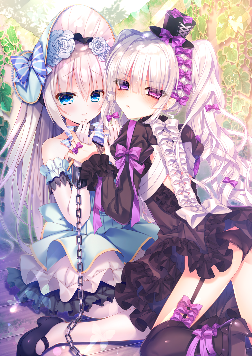2girls, bangs, black_legwear, black_panties, blue_eyes, blunt_bangs, blush, chain