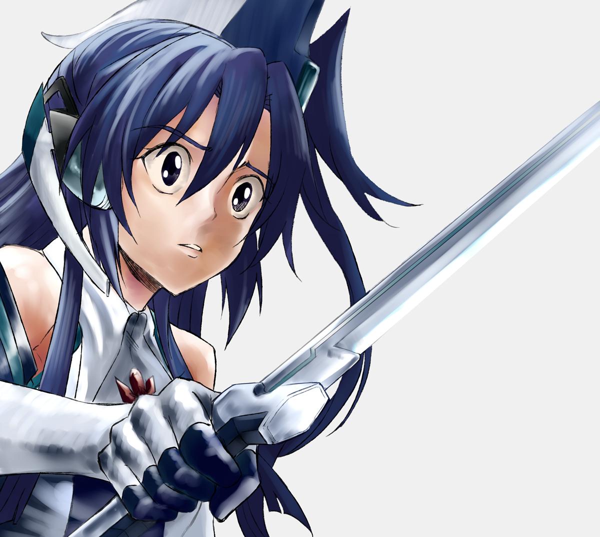 1girl, blue_eyes, blue_hair, holding, holding_sword, holding_weapon, judo_fuu, katana