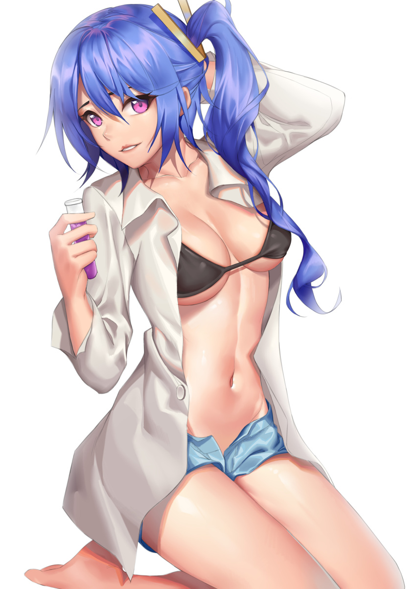 1girl, absurdres, arm_behind_head, bangs, barefoot, bikini, black_bikini, blue_hair