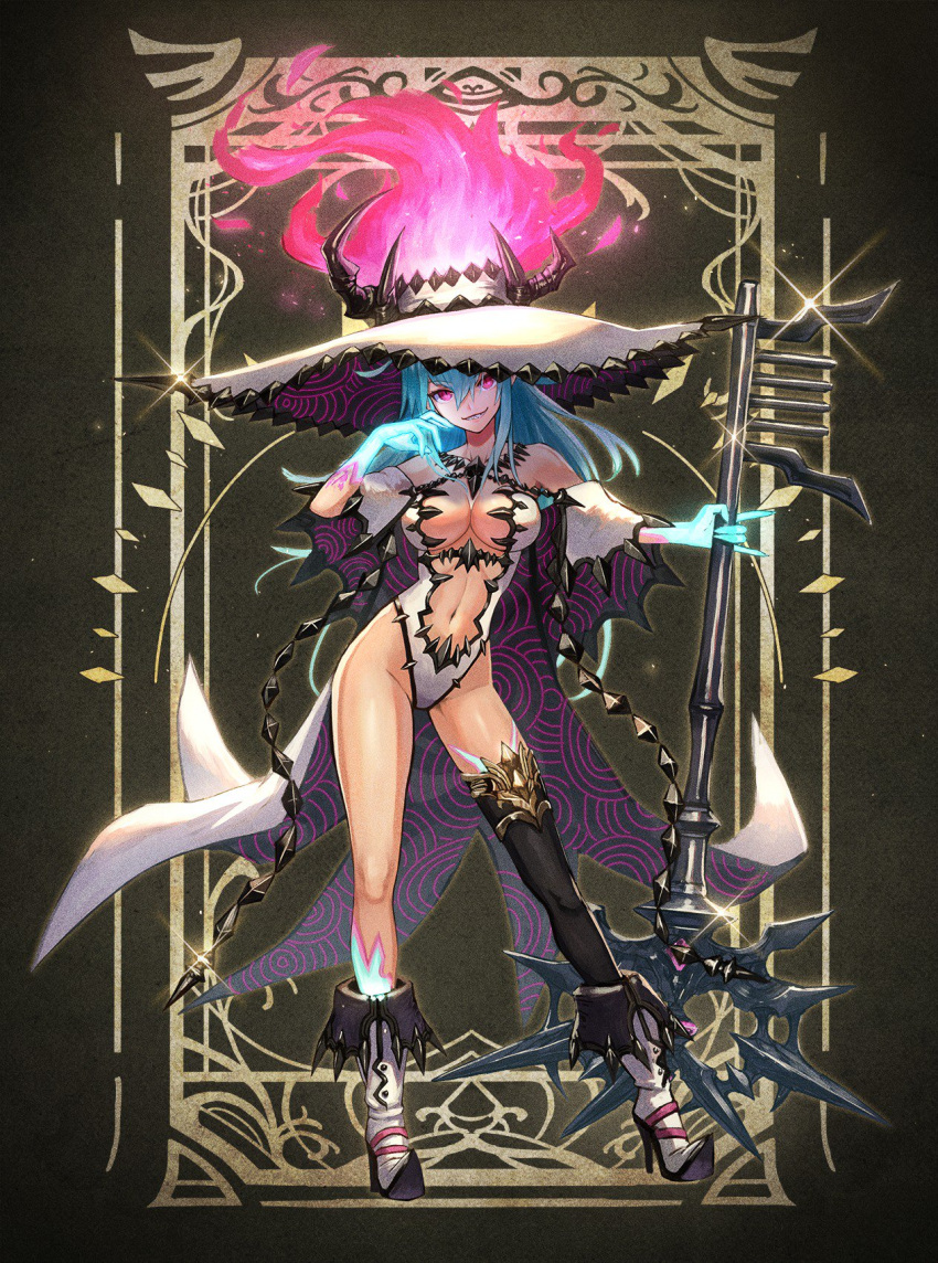1girl, asymmetrical_legwear, bangs, bare_shoulders, black_legwear, blue_hair, body_markings, boots, breasts, cape, center_opening, collarbone, contrapposto, facial_mark, fire, full_body, glint, gloves, glowing, grin, groin, hair_between_eyes, hat, head_tilt, high_heel_boots, high_heels, highres, hilda_(kuroi_susumu), holding, holding_staff, horns, jewelry, kneehighs, kuroi_susumu, large_breasts, leotard, long_hair, looking_at_viewer, necklace, off_shoulder, original, pink_eyes, pointed_footwear, revealing_clothes, sharp_teeth, sidelocks, single_kneehigh, single_thighhigh, smile, solo, staff, teeth, thigh-highs, thighs, white_footwear, white_headwear, white_leotard, witch, witch_hat