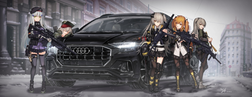 404_(girls_frontline), 5girls, ankle_boots, assault_rifle, asymmetrical_legwear, audi, audi_q8, baek_hyang, bangs, beret, black_legwear, black_skirt, blunt_bangs, blush, boots, breasts, brown_eyes, brown_hair, car, city, cityscape, commentary, cross-laced_footwear, crossed_bangs, dated, eyebrows_visible_through_hair, facial_mark, fingerless_gloves, full_body, g11_(girls_frontline), germany, girls_frontline, gloves, green_eyes, grey_hair, ground_vehicle, gun, h&amp;k_g11, h&amp;k_hk416, h&amp;k_ump, h&amp;k_ump40, h&amp;k_ump45, h&amp;k_ump9, hair_between_eyes, hair_ornament, hairclip, hat, headgear, heckler_&amp;_koch, highres, hk416_(girls_frontline), holding, holding_gun, holding_weapon, hood, hood_down, hooded_jacket, jacket, knee_boots, lace-up_boots, large_breasts, leaning_against_vehicle, long_hair, looking_at_viewer, mechanical_arm, medium_breasts, military_jacket, mod3_(girls_frontline), motor_vehicle, multiple_girls, one-eyed, one_side_up, open_clothes, open_mouth, outdoors, pantyhose, plaid, plaid_skirt, pleated_skirt, revision, ribbon, rifle, road, scar, scar_across_eye, scarf, shirt, shoes, shorts, signature, silver_hair, skirt, smile, sneakers, snow, snowing, street, submachine_gun, teardrop, thigh-highs, trigger_discipline, twintails, ump40_(girls_frontline), ump45_(girls_frontline), ump9_(girls_frontline), untucked_shirt, very_long_hair, weapon, white_shirt, yellow_eyes, zettai_ryouiki