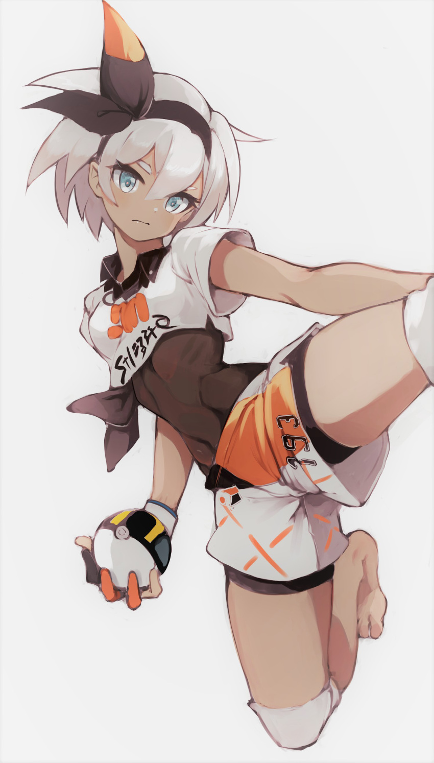 1girl, absurdres, blue_eyes, bodysuit_under_clothes, covered_navel, cropped, dark_skin, hairband