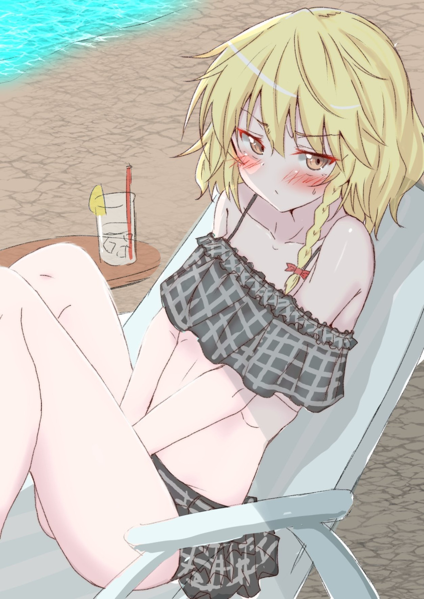 1girl, bangs, bare_legs, bare_shoulders, beach, bikini, bikini_skirt, black_skirt