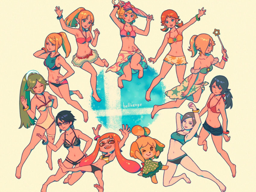 6+girls, adult, alternate_hairstyle, animal_crossing, animal_crossing:_new_leaf, animal_ears, bayonetta, bayonetta_(character), bayonetta_2, bellhenge, bikini, bikini_shorts, bikini_skirt, black_hair, blonde_hair, blue_hair, bracelet, brown_hair, deviantart, dog_ears, dog_tail, doubutsu_no_mori, fire_emblem, fire_emblem:_kakusei, fire_emblem_awakening, fire_emblem_heroes, glasses, goddess, green_hair, inkling, intelligent_systems, isabelle_(animal_crosing), jewelry, kid_icarus, kid_icarus_uprising, lady, looking_at_viewer, lucina, metroid, multiple_girls, navel, nintendo_ead, open_mouth, orange_hair, pale_skin, palutena, palutena_no_kagami, platinum_games_inc., ponytail, princess, princess_daisy, princess_peach, princess_zelda, retro_studios, rosalina, samus_aran, sarong, sega, shizue_(doubutsu_no_mori), short_shorts, shorts, smash_ball, smile, sora_(company), splatoon_(series), sports_bikini, spread_legs, stomach, summer, summer_dress, super_mario_bros., super_mario_galaxy, super_mario_land, super_smash_bros., super_smash_bros._ultimate, super_smash_bros_brawl, super_smash_bros_for_wii_u_and_3ds, super_smash_bros_melee, super_smash_sisters, swimsuit, tail, teenage, tentacle_hair, the_legend_of_zelda, tobidase:_doubutsu_no_mori, trainer_(wii_fit), umbrella, wand, wii_fit, wii_fit_trainer
