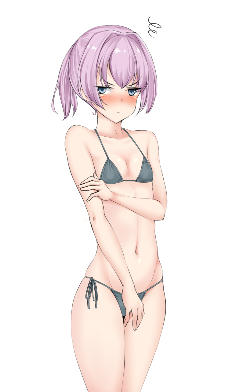 1girl, bikini, blue_eyes, blush, collarbone, cowboy_shot, embarrassed, flat_chest
