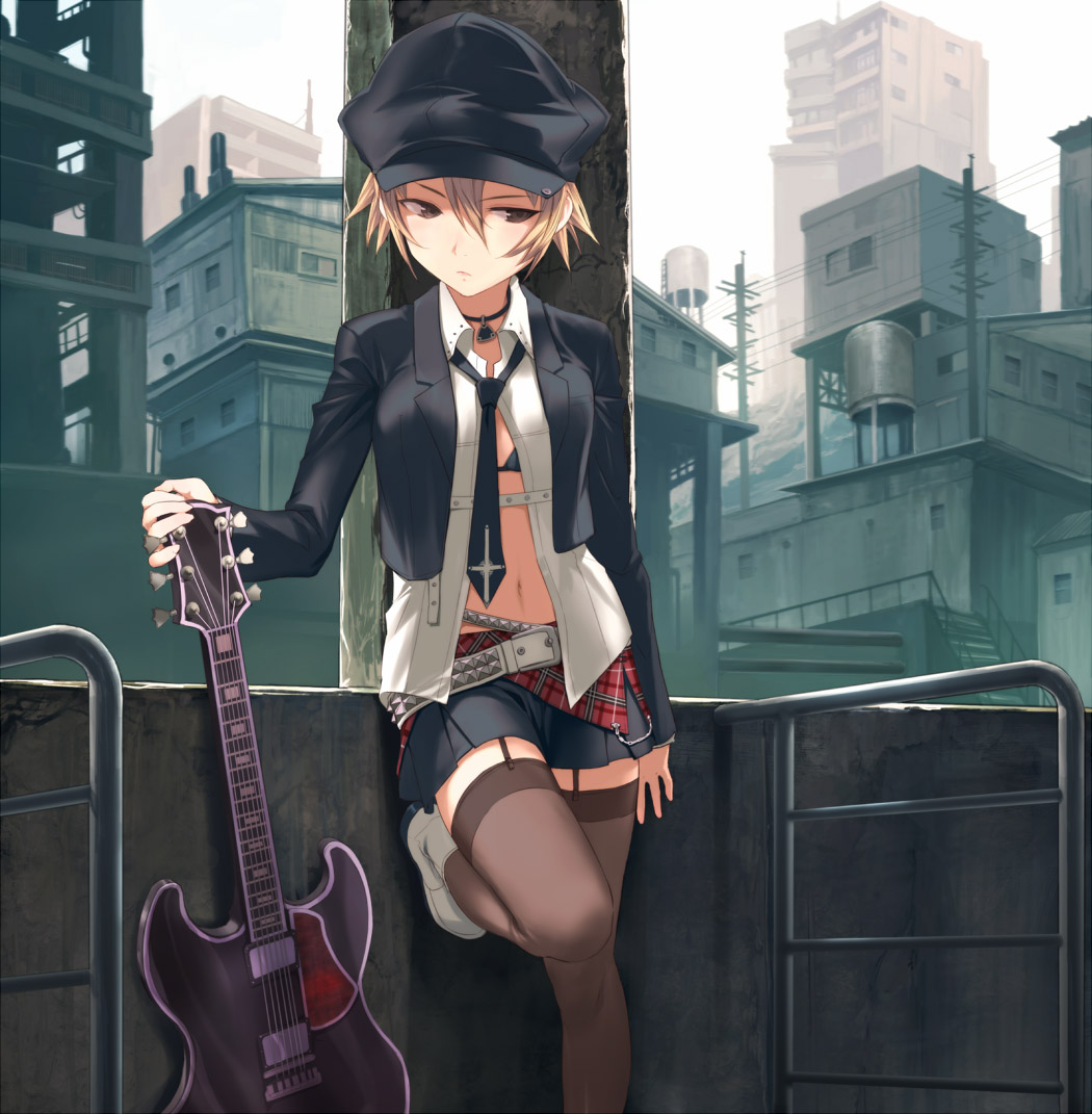 blush, bra, brown_eyes, brown_hair, cabbie_hat, city, cross, guitar