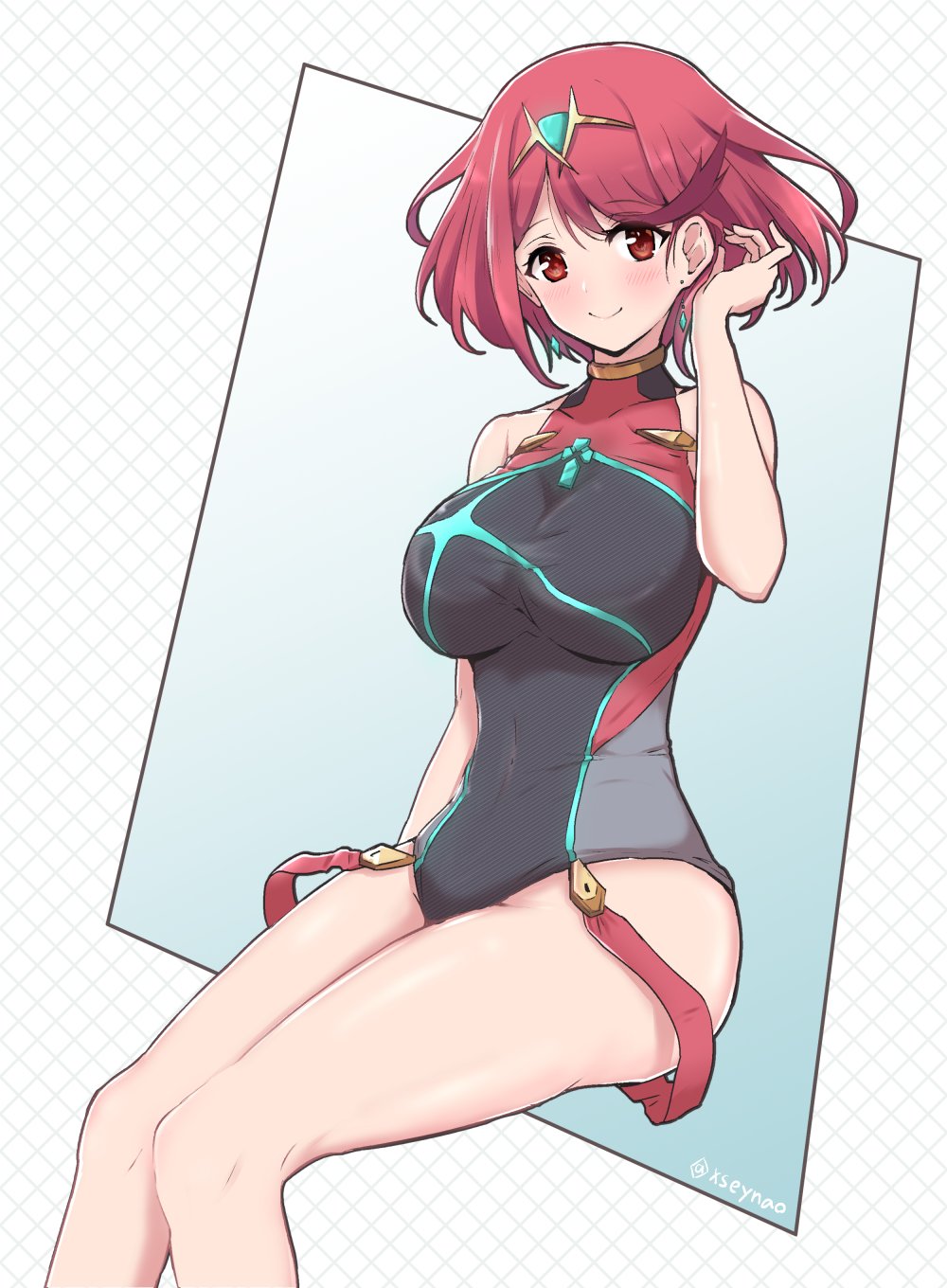 1girl, bangs, blue_eyes, blush, breasts, competition_swimsuit, earrings, gem
