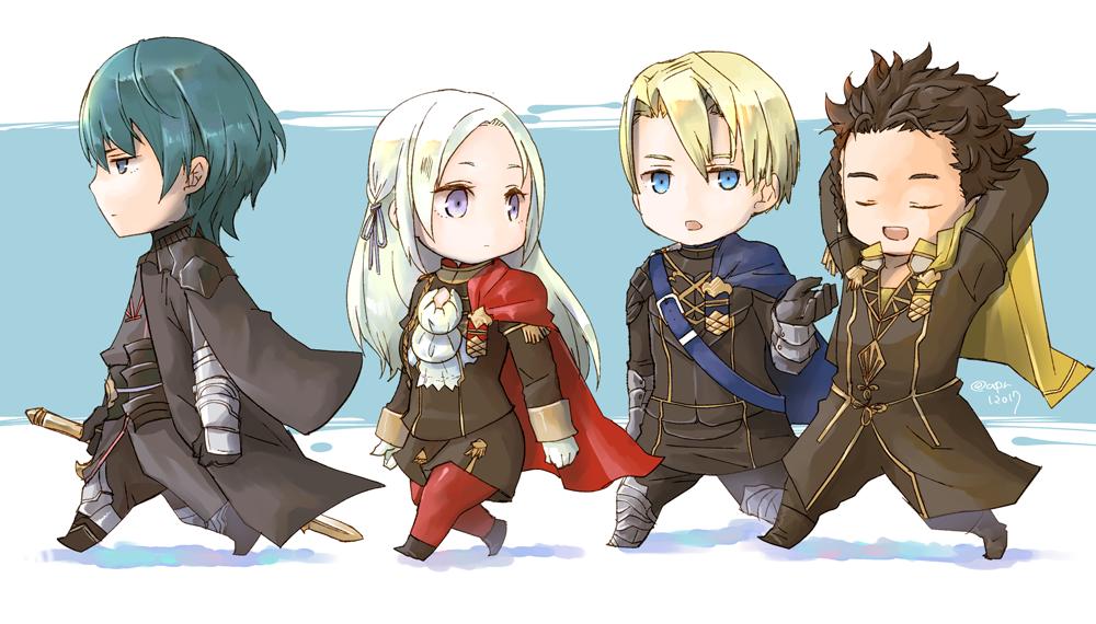1girl, 3boys, armor, blonde_hair, blue_eyes, blue_hair, brown_hair, byleth