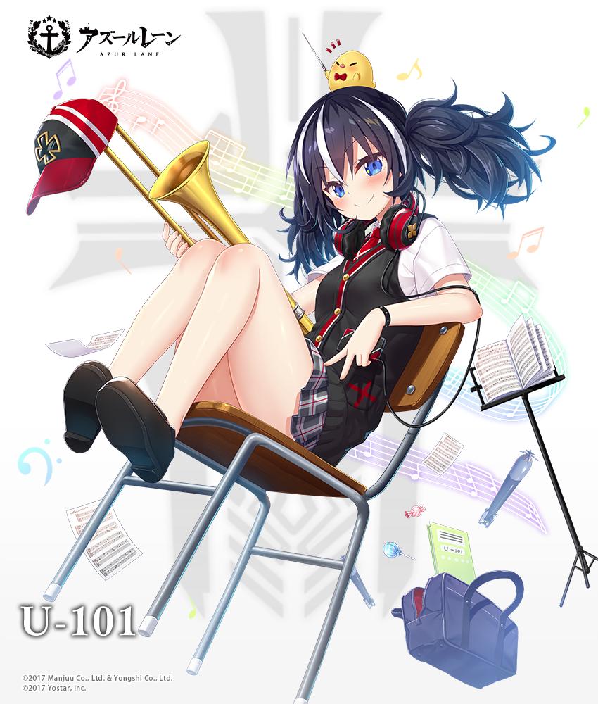 1girl, anchor_symbol, animal, azur_lane, bag, bangs, baseball_cap, beamed_sixteenth_notes