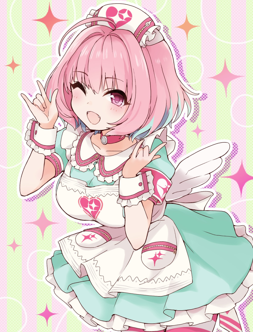 1girl, :d, ;d, \m/, ahoge, apron, armband, bangs