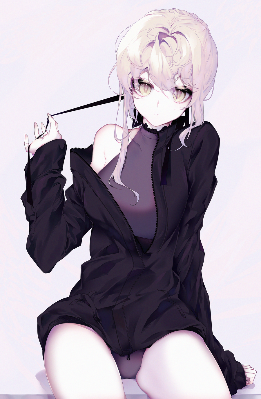 1girl, artoria_pendragon_(all), bangs, bare_shoulders, black_jacket, black_ribbon, blonde_hair, breasts