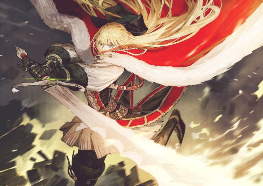 1girl, belt, blonde_hair, boots, cape, cross-laced_clothes, flamberge, flamberge_(seojh1029)
