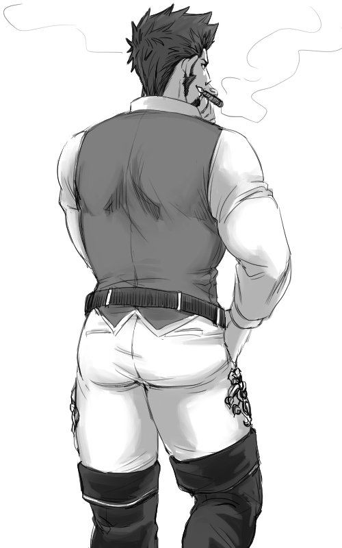 1boy, ass, back, bara, beard, biceps, boots, bunkichi_(bun005)