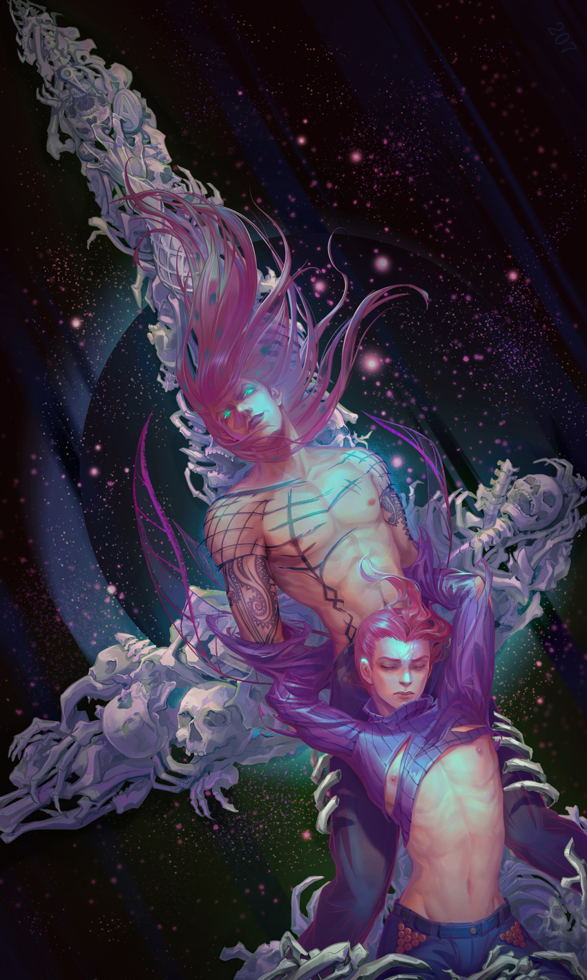 207, 2boys, absurdres, diavolo, dual_persona, fishnets, freckles, glowing