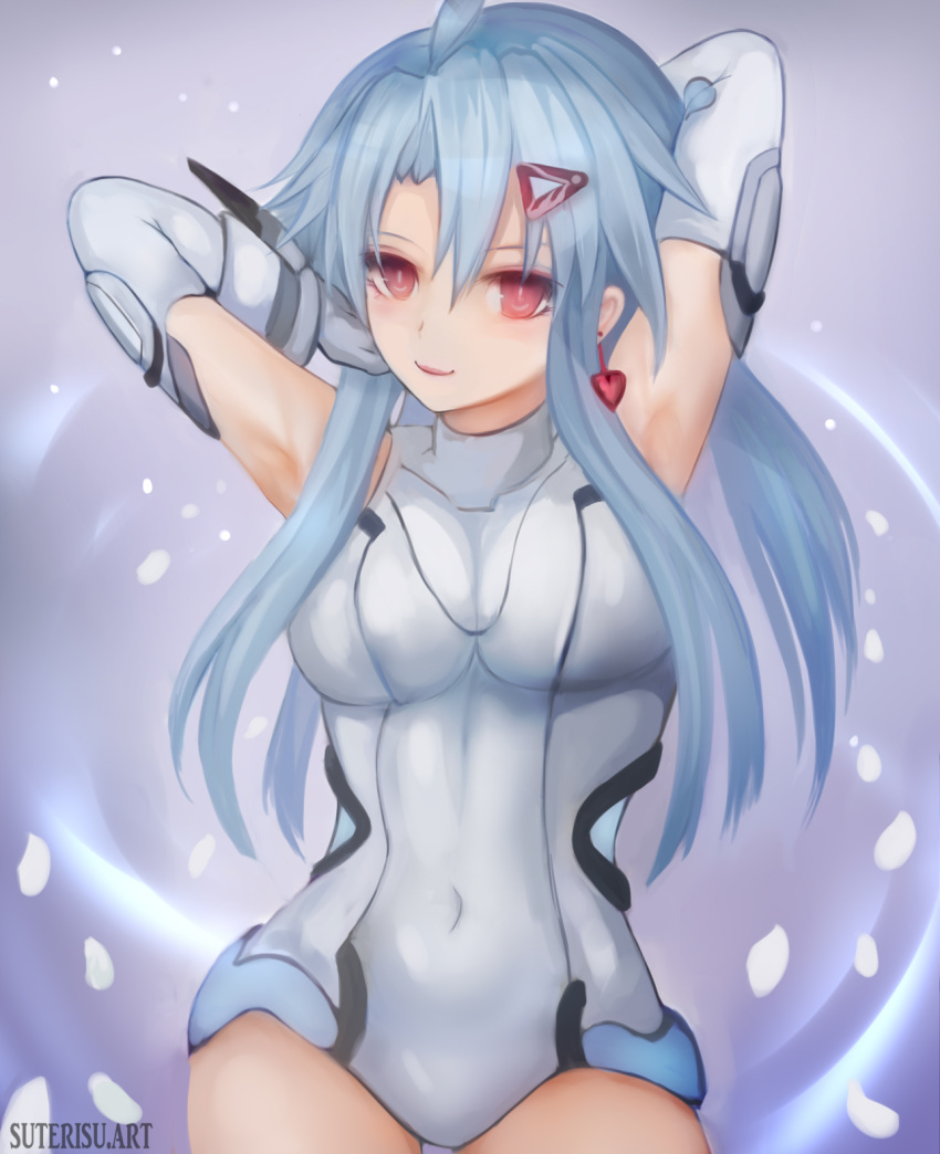 1girl, ahoge, alternate_breast_size, alternate_hairstyle, armpits, arms_behind_head, bare_shoulders, blue_hair