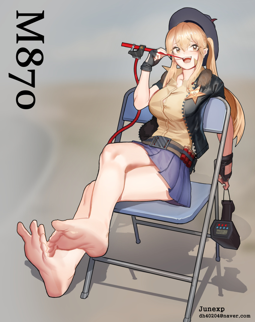 1girl, absurdres, artist_name, badge, barefoot, belt, black_gloves, blonde_hair