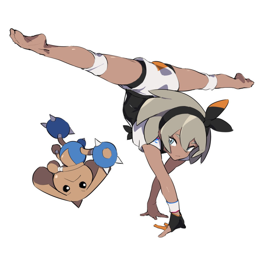 1girl, barefoot, blue_eyes, bodysuit, closed_mouth, dark_skin, flexible, gen_2_pokemon