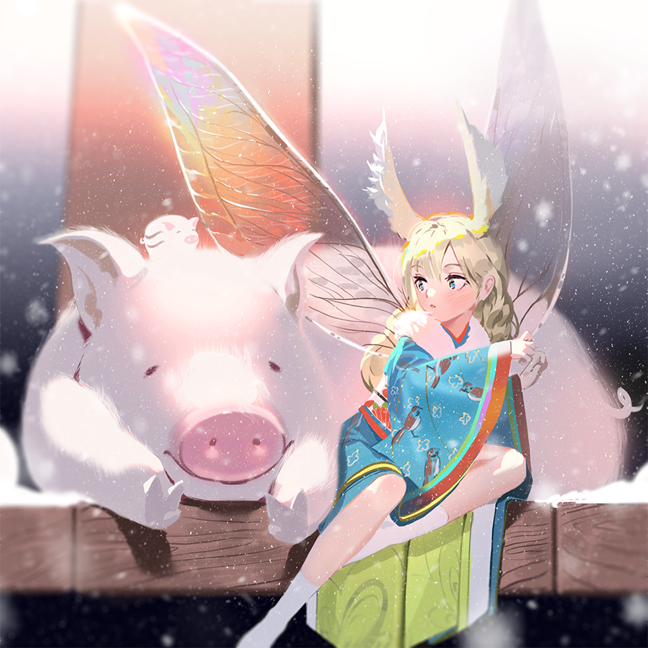 1girl, animal_print, bird_print, blonde_hair, blue_eyes, blush, chinese_zodiac, fairy