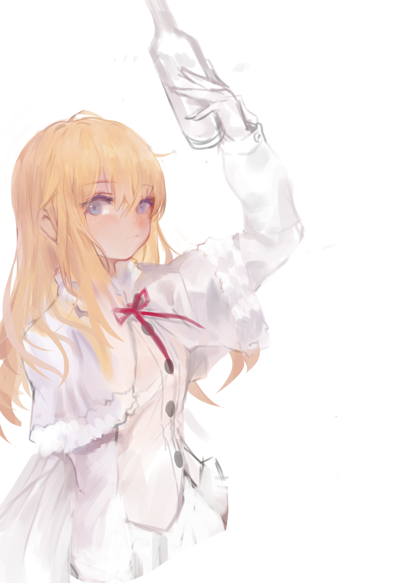 1girl, arm_up, bangs, blonde_hair, blue_eyes, bottle, capelet, carcano_m1891_(girls_frontline)