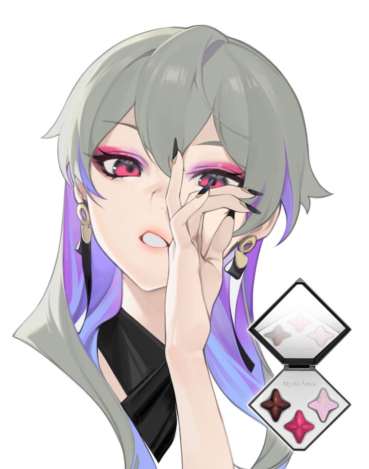 1girl, black_nails, compact, cropped_shoulders, earrings, eyeshadow, fingernails, grey_hair