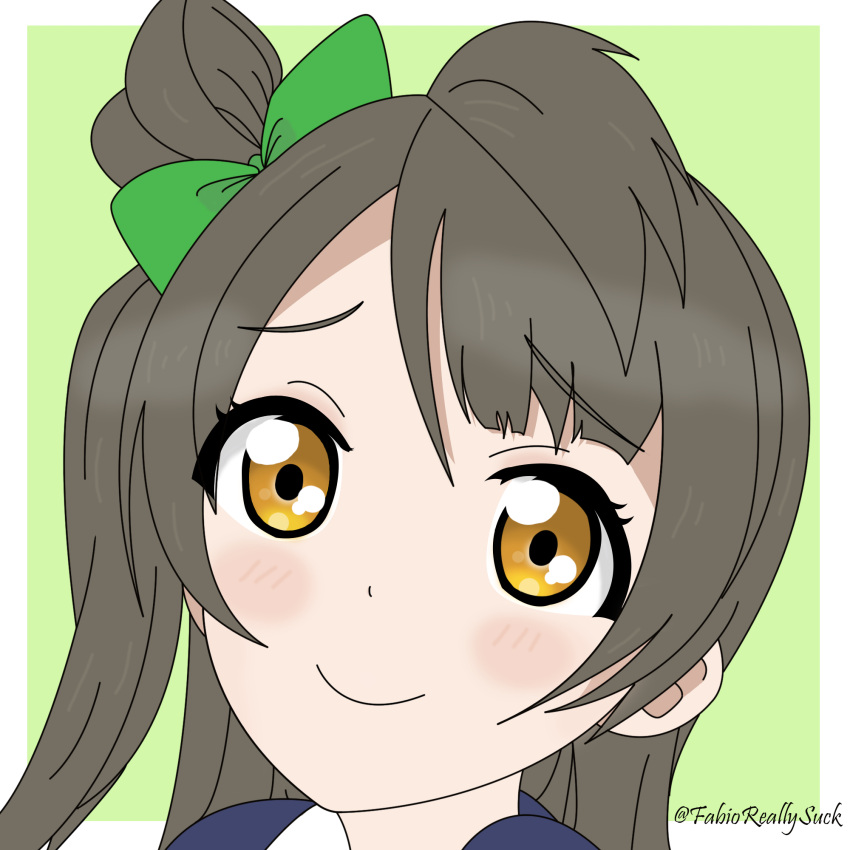 1girl, blazer, blue_uniform, bow, eyebrows_visible_through_hair, fabioreallysuck, green_background, green_bow