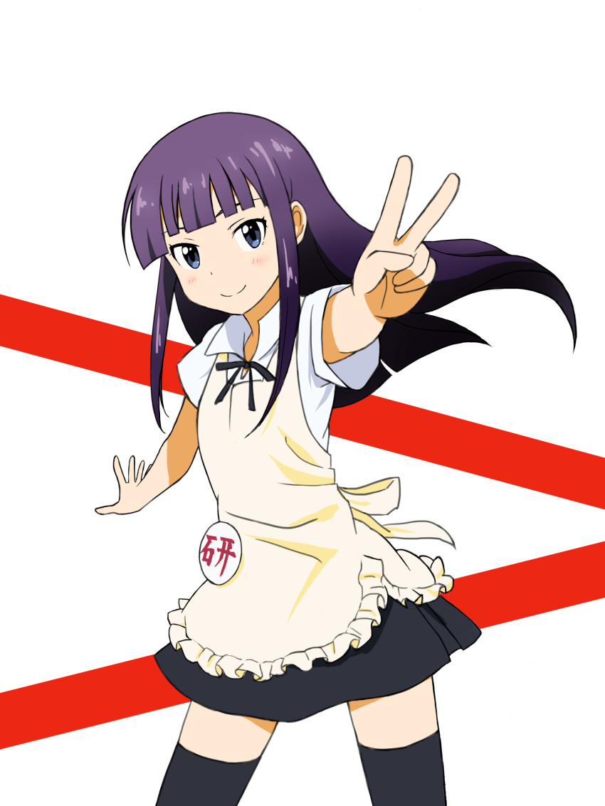 1girl, apron, bangs, black_legwear, black_skirt, blue_eyes, blunt_bangs, collar_up, contrapposto, cowboy_shot, head_tilt, highres, kita_(pixiv61555), long_hair, looking_at_viewer, neck_ribbon, outstretched_arms, panties, pantyshot, purple_hair, ribbon, shirt, short_sleeves, sidelocks, skirt, smile, solo, sparkle, spread_arms, standing, striped, striped_background, thigh-highs, tongue, tongue_out, underwear, v, very_long_hair, white_background, white_shirt, working!!, yamada_aoi