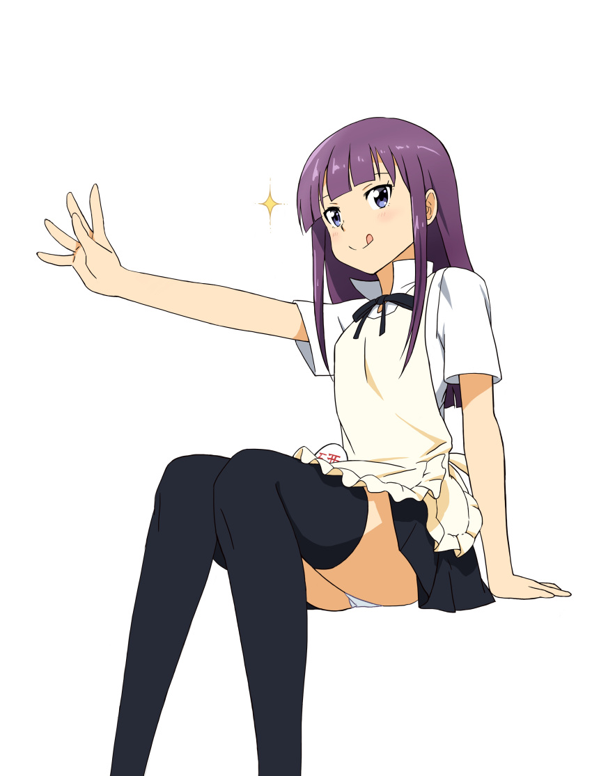 1girl, :q, absurdres, apron, bangs, black_legwear, black_skirt, blue_eyes