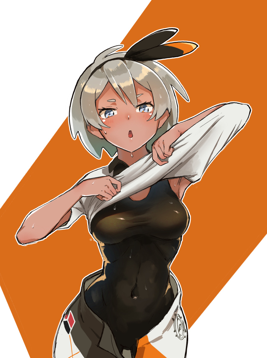 1girl, absurdres, armpit_peek, blush, bodysuit_under_clothes, breasts, covered_navel, cowboy_shot
