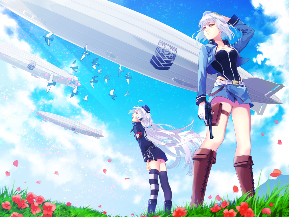 2girls, aircraft, armband, belt, bird, blue_headwear, blue_jacket, blue_skirt