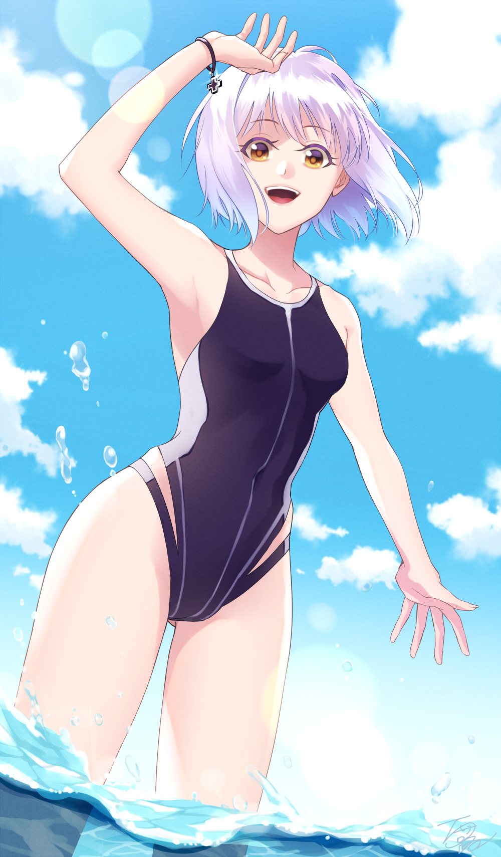1girl, adapted_costume, alternate_costume, arm_up, armpits, blue_sky, blurry, bokeh