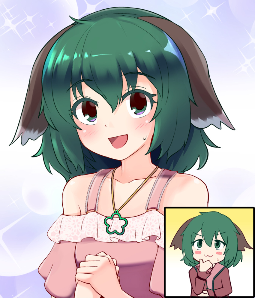 1girl, :3, :d, alternate_costume, animal_ears, bangs, bare_shoulders, blue_background