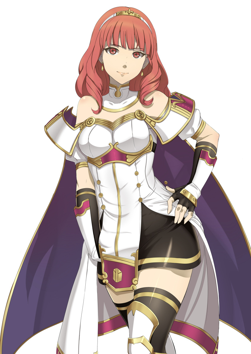 1girl, absurdres, black_legwear, boots, breasts, cape, celica_(fire_emblem), cowboy_shot, detached_collar, dress, earrings, elbow_gloves, fingerless_gloves, fire_emblem, fire_emblem_echoes:_shadows_of_valentia, gloves, gozaru, hand_on_hip, highres, jewelry, lips, long_hair, looking_at_viewer, medium_breasts, miniskirt, pelvic_curtain, red_eyes, redhead, simple_background, skirt, solo, thigh-highs, thigh_boots, tiara, white_background, white_dress, white_footwear, wrist_guards, zettai_ryouiki