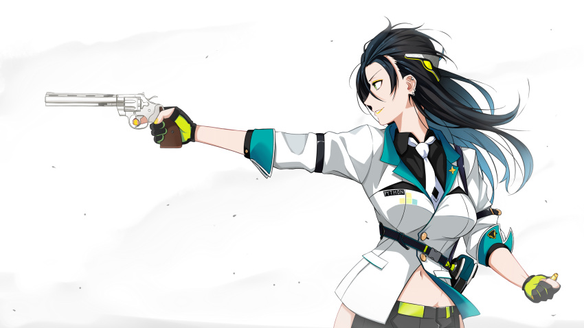 1girl, aiming, arm_belt, black_hair, black_shirt, blue_hair, colt_python, dust
