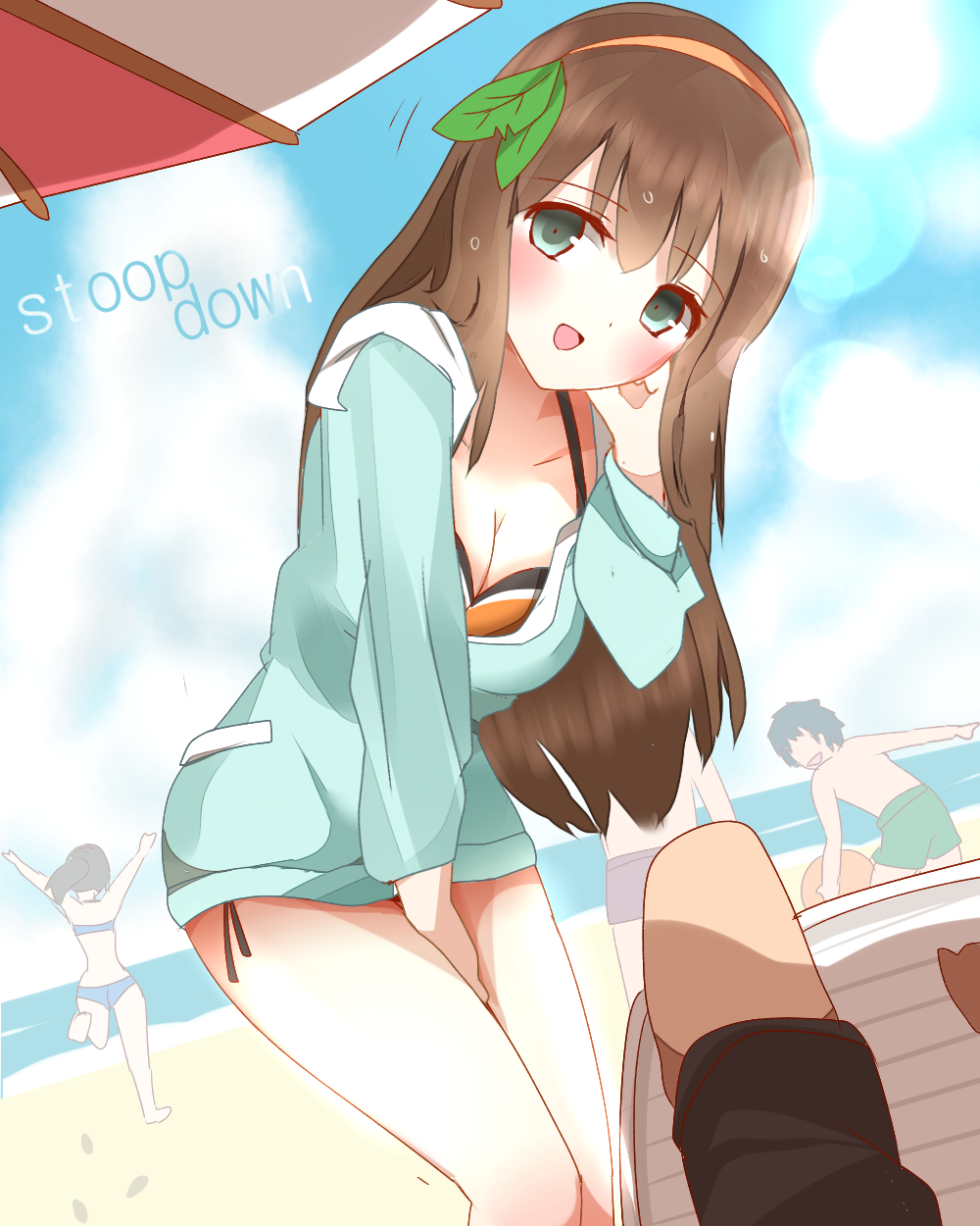 2girls, 3boys, :d, bangs, beach, bikini, bikini_under_clothes, black_hair, blue_bikini, blue_sky, blush, brown_hair, brown_hairband, clouds, cloudy_sky, commentary_request, cute, day, english_text, eyebrows_visible_through_hair, female_focus, female_swimwear, green_eyes, green_jacket, hair_between_eyes, hairband, hand_up, highres, hood, hood_down, hooded_jacket, horizon, jacket, leaning_forward, long_hair, long_sleeves, looking_at_viewer, male_swimwear, moe, multiple_boys, multiple_girls, non_(wednesday-classic), ocean, open_clothes, open_jacket, open_mouth, orange_bikini, original, original_character, outdoors, ponytail, sand, sky, smile, solo_focus, standing, standing_on_one_leg, summer, swim_trunks, swimsuit, swimwear, very_long_hair, water, wet, wet_hair