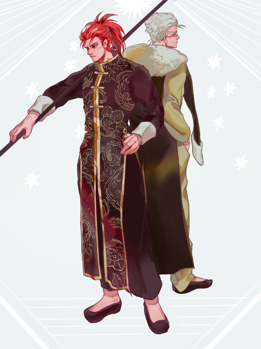2boys, absurdres, back-to-back, chinese_clothes, dual_persona, fate/extra, fate/grand_order, fate_(series), fur_trim, highres, li_shuwen_(fate), li_shuwen_(fate/grand_order), long_hair, male_focus, multiple_boys, old_man, older, polearm, ponytail, redhead, short_hair, spear, totocosakana, weapon