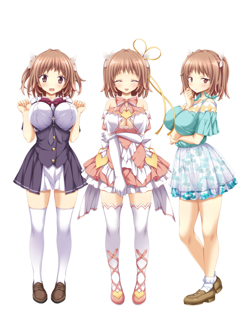 1girl, arm_holding, between_breasts, blue_eyes, blush, breasts, brown_eyes, brown_footwear