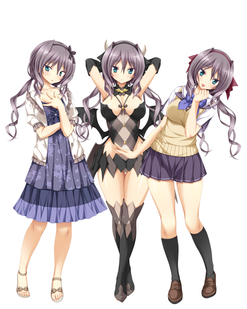 1girl, :o, argyle, arms_behind_head, arms_up, black_legwear, black_wings, blue_dress