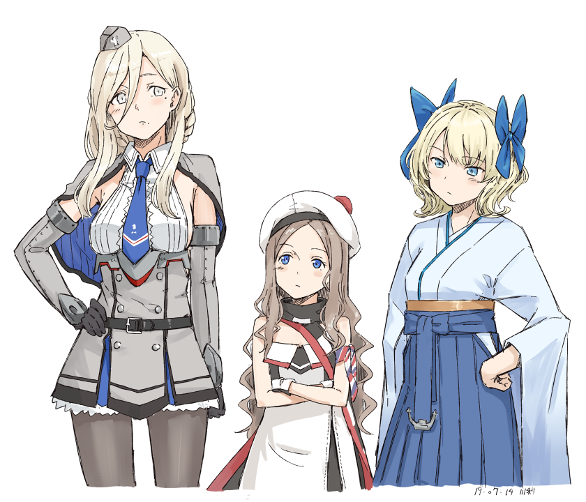 3girls, armband, asakaze_(kantai_collection), asakaze_(kantai_collection)_(cosplay), bangs, bare_shoulders, belt, beret