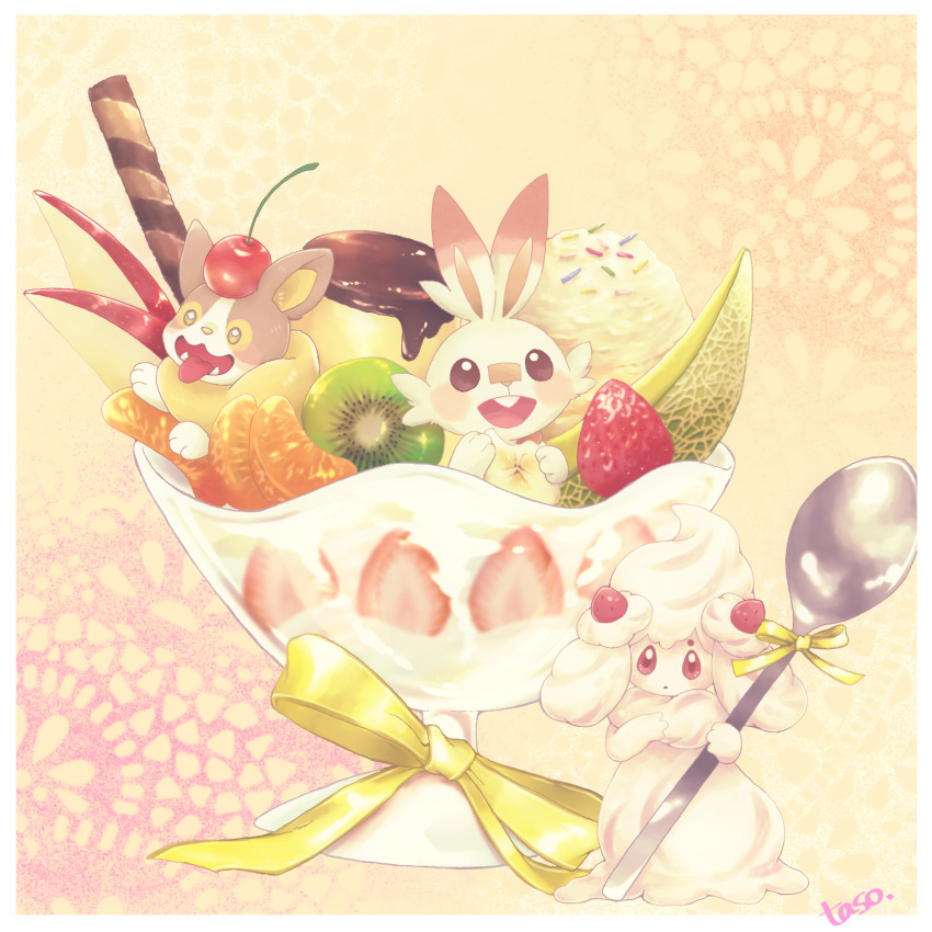 :d, alcremie, apple_slice, artist_name, banana_slice, cherry, food, food_on_head