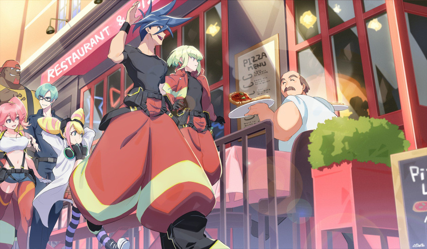 aina_ardebit, baggy_pants, bikini_top, blonde_hair, blue_eyes, blue_hair, chair, closed_eyes
